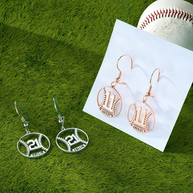 Personalized Baseball Silhouette Stainless Steel Earrings with Name and Number Game Day Team Birthday Gift for Baseball Mom Athlete