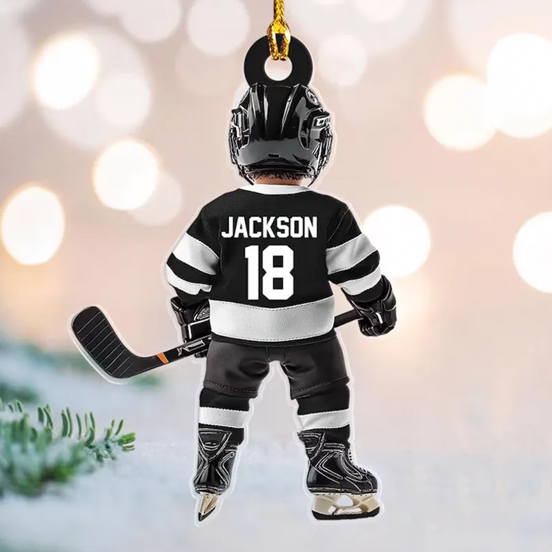 Personalized Hockey Player Ornament with Custom Name, Number, and Jersey Colors Design