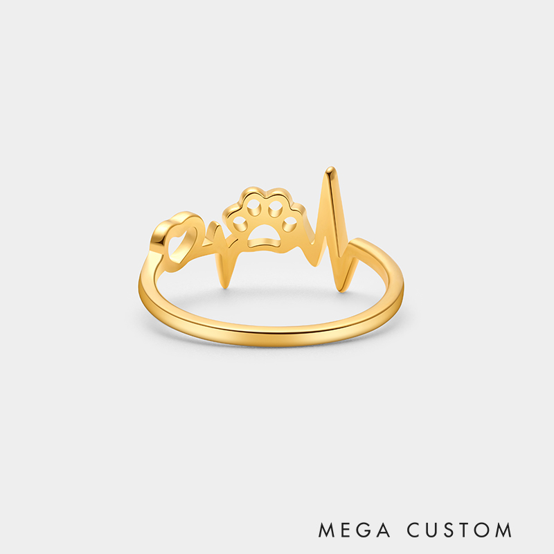 Personalized Custom Engraved Paw Print Heartbeat Ring 925 Sterling Silver or Gold Plated Personalized Inside Text Animal Jewelry Gift for Pet Lover 925 Sterling Silver