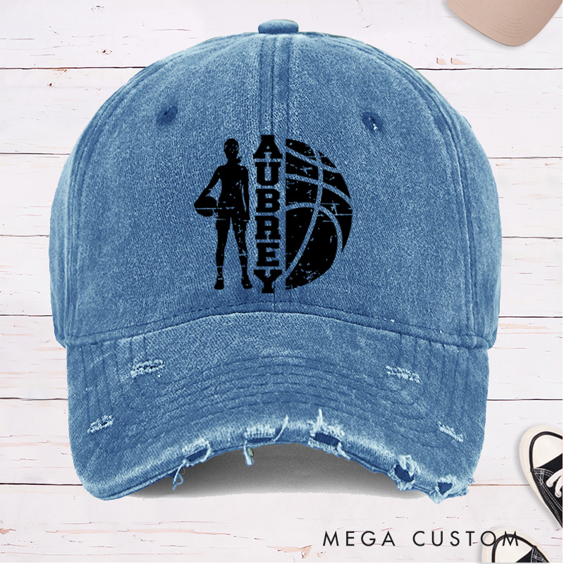 Personalized Distressed Denim Basketball Cap with Custom Name and Player Silhouette Design