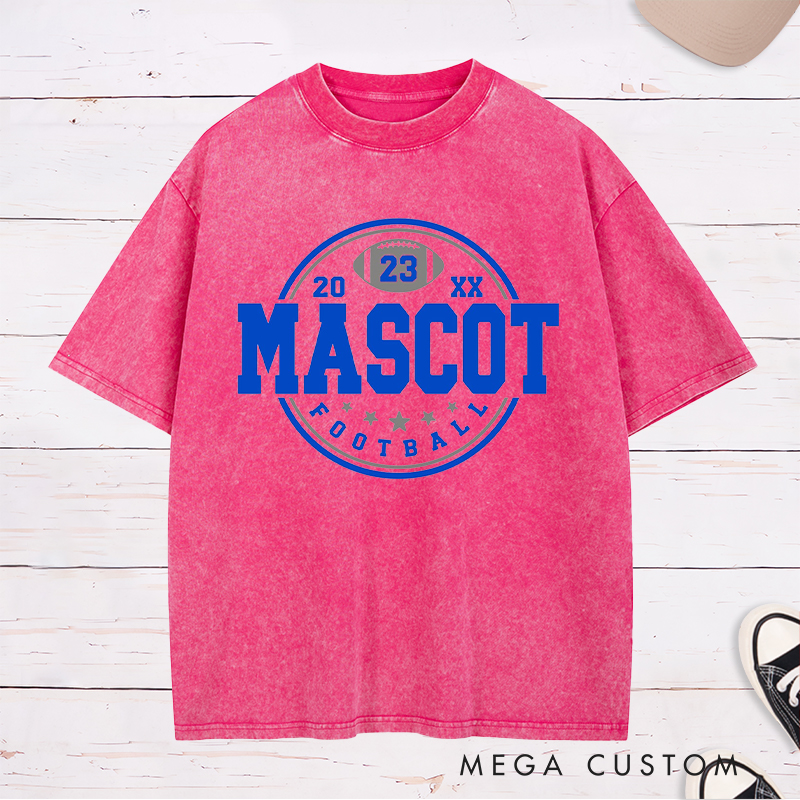 Personalized American Football Washed T-Shirts Featuring Custom Mascot ,Number and Year on the Front