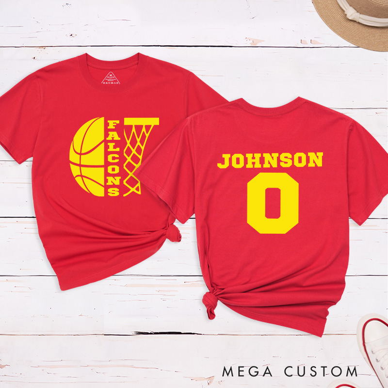 Personalized Basketball T-Shirt with Custom Team Name, Player Name, Number, and Hoop Graphic Design