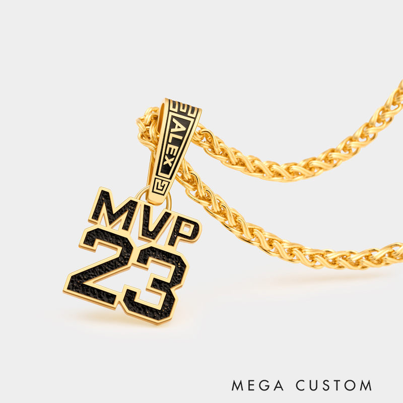 Custom Name and MVP Number Pendant Necklace – Personalized Sports-Themed Jewelry with Bold Chain Design