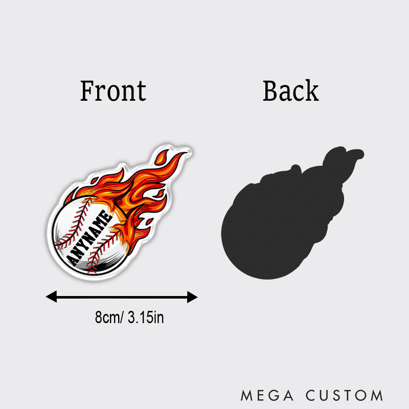 Personalized Baseball Fridge Magnet with Flaming Ball and Custom Name 