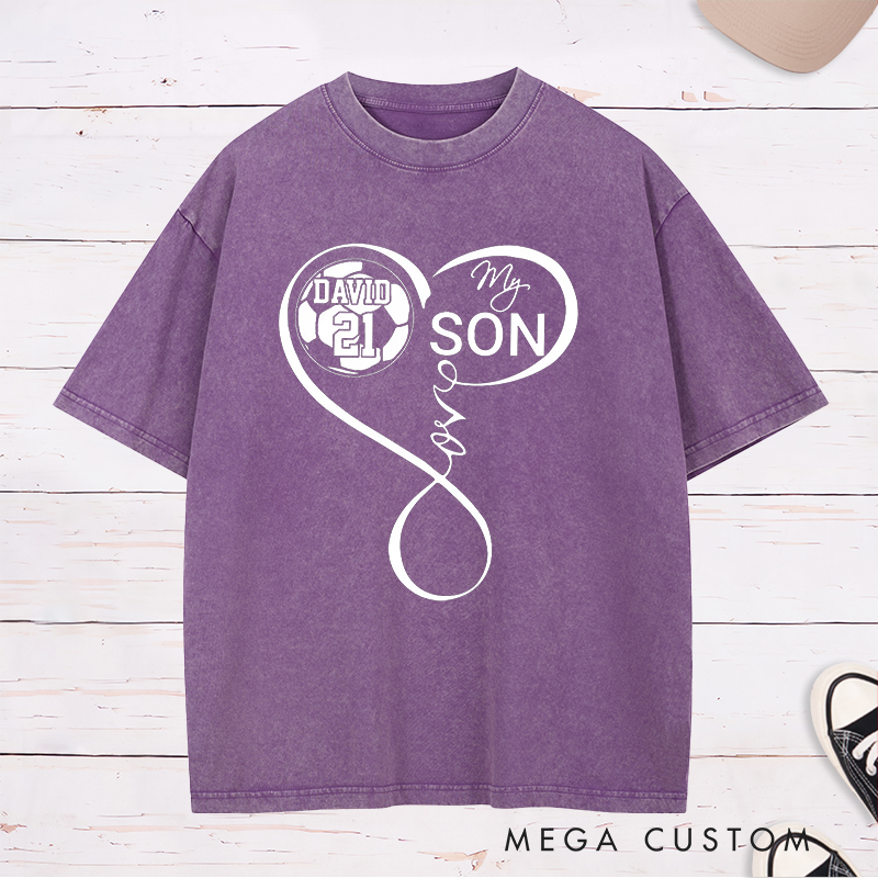 Personalized "My Son" Soccer Washed T-Shirt with Heart Design and Custom Name and Number
