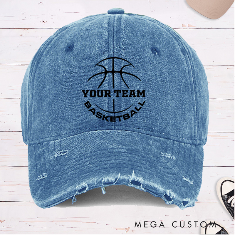 Personalized Distressed Denim Basketball Cap with Custom Team Name and Classic Basketball Design