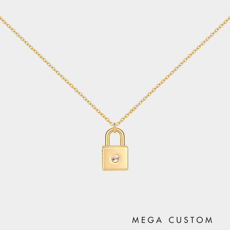 Personalized sterling silver lock necklace – customizable with engraving and a birthstone pendant.