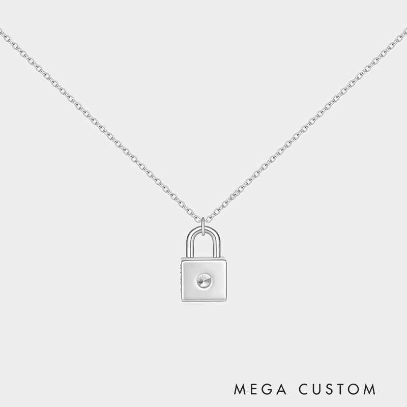 Personalized sterling silver lock necklace – customizable with engraving and a birthstone pendant.