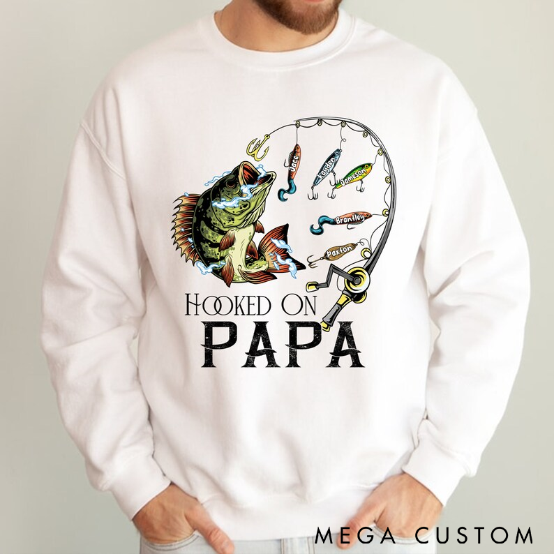 Personalized Fishing Sweatshirt Hooked on Design Funny Dad Birthday Gift Perfect Gift for Fishing Enthusiasts Comfortable and Apparel
