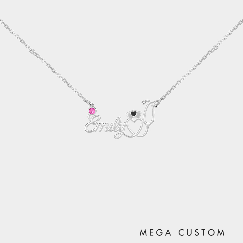 Personalized Nurse Necklace – Custom Name and Birthstone Sterling Silver Pendant 925 Sterling Silver Gifts for Her