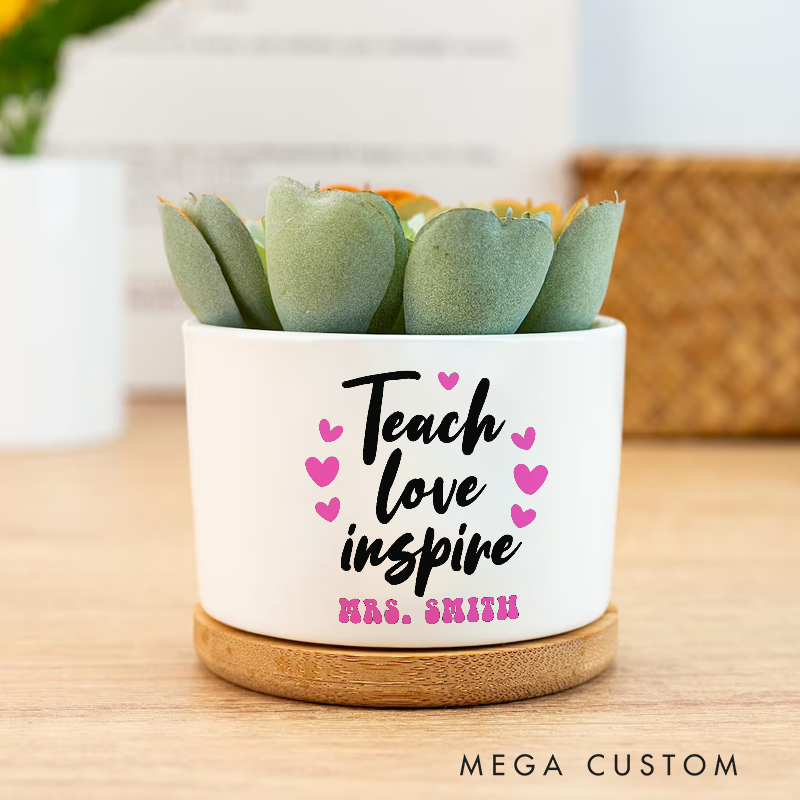 Personalized Teacher Ceramic Plant Pot Teach Love Inspire Heart Theme Design Perfect Appreciation Gift for Teachers
