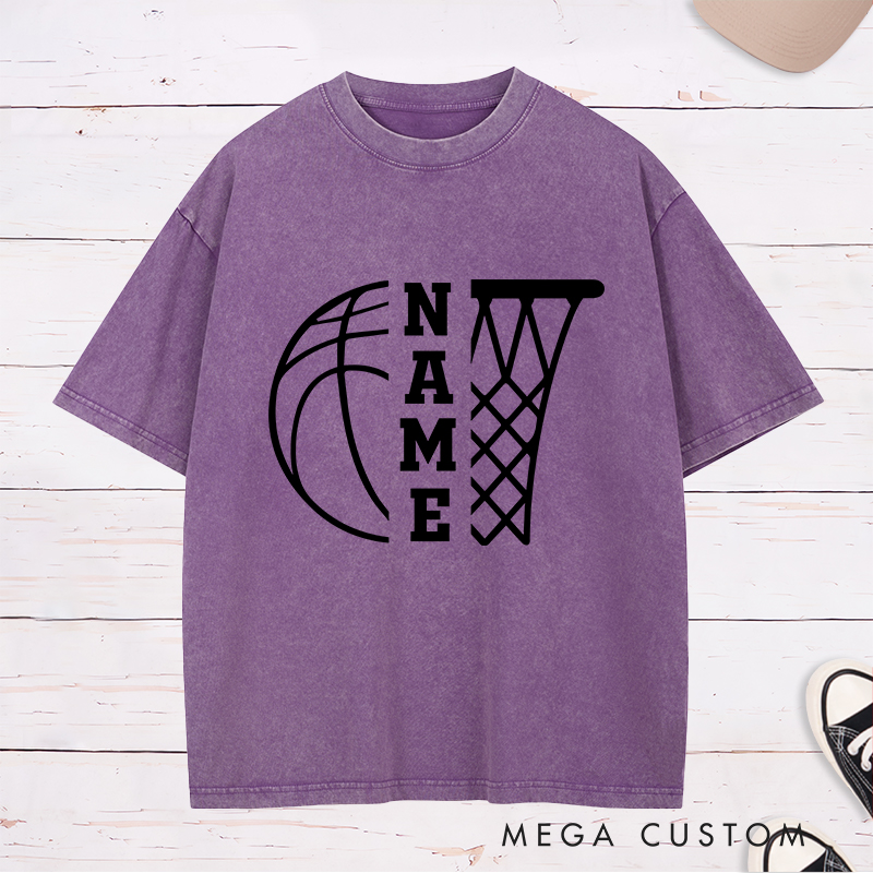 Personalized Washed T-Shirt Design Featuring a Basketball and Hoop Graphic with Customizable Vertical Name