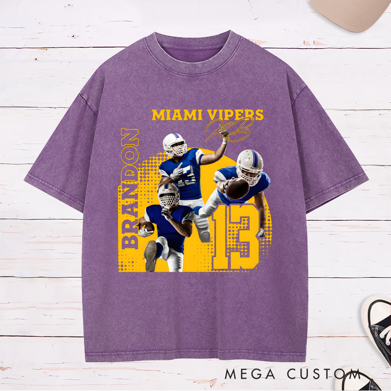 Personalized Washed American Football T-Shirt with Custom Photo, Name, Team Name, and Number Design