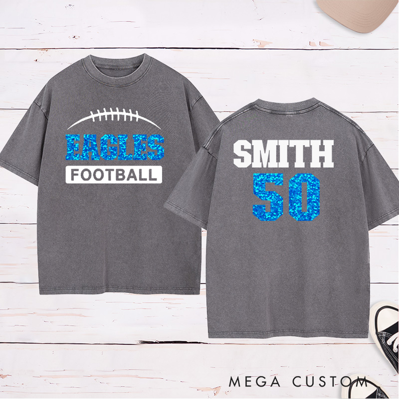 Personalized American Football Washed T-Shirt with Custom Team Name on the Front and Number on the Back