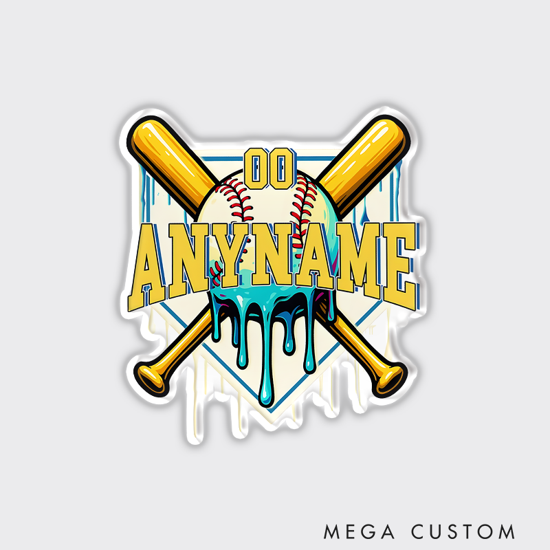 Personalized Baseball Refrigerator Magnet with Custom Name Number Dripping Effect Crossed Bats and Home Plate Design