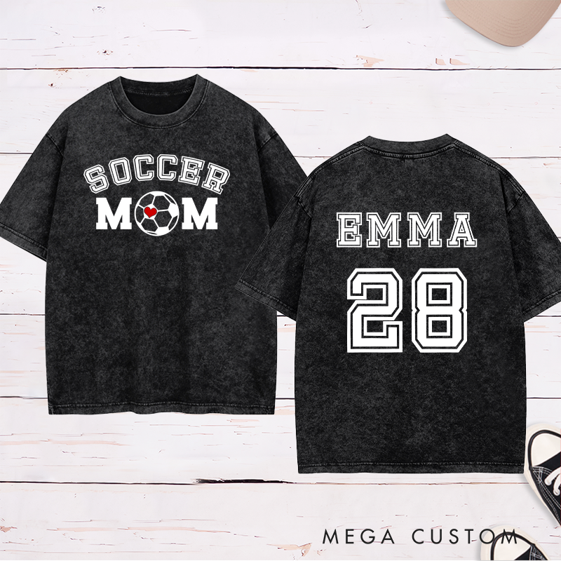 Personalized Washed Soccer Mom T-Shirt with Custom Name, Number, and Bold Graphic Design