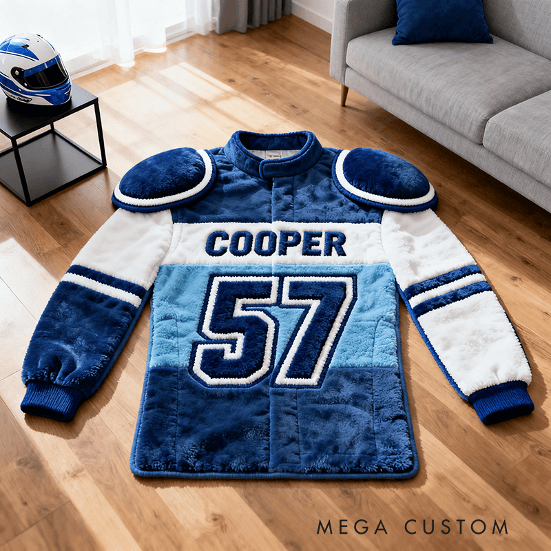 Personalized Racer Suit Rug Custom Name Racing Carpet Decor Gift for Car and Motorcycle Lovers