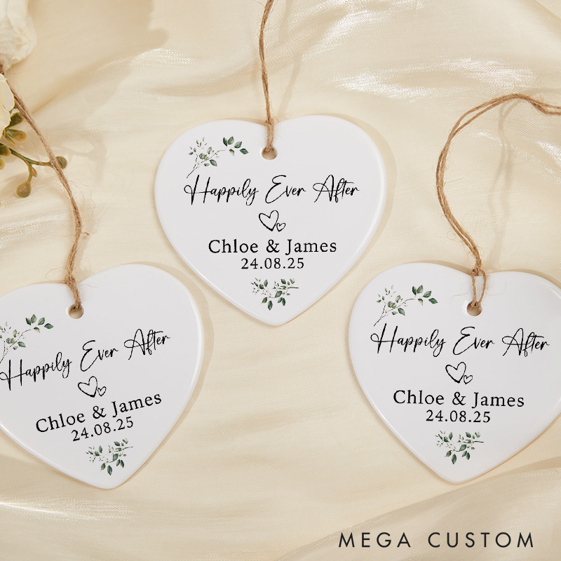 Personalized Happily Ever After Wedding Ceramic Heart Shape Ornament