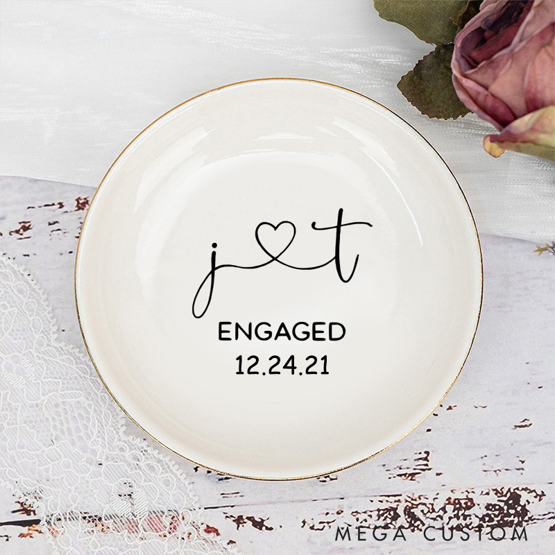 Personalized Heart-Connected Initials Engagement Monogram Engagement Gold-Trimmed Ring Dishes