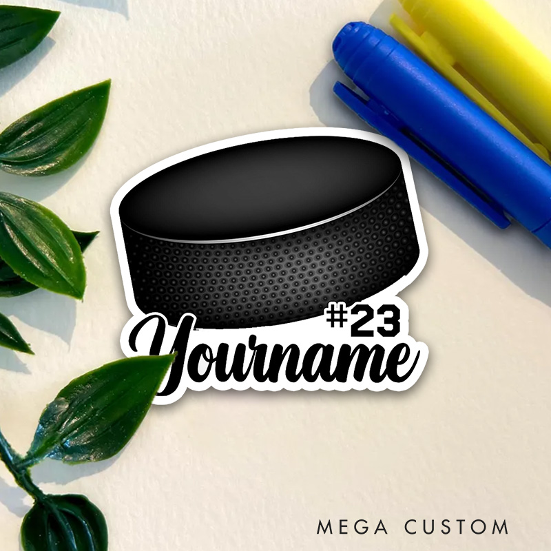 Personalized Ice Hockey Sticker Featuring Realistic Puck Design with Custom Name and Number
