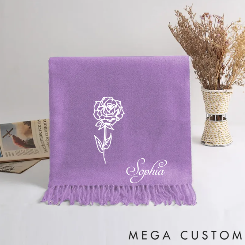 Personalized Super Soft Warm Scarf with Embroidered Birth Flower and Text Fashion Accessory Birthday Christmas Gift for Couple Family