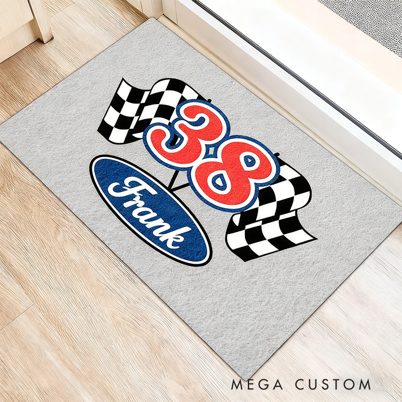 Personalized Checkered Flag Door Mat Custom Name and Number Welcome Mat for Racer and Racing Lovers