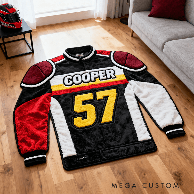 Personalized Racer Suit Rug Custom Name Racing Carpet Decor Gift for Car and Motorcycle Lovers