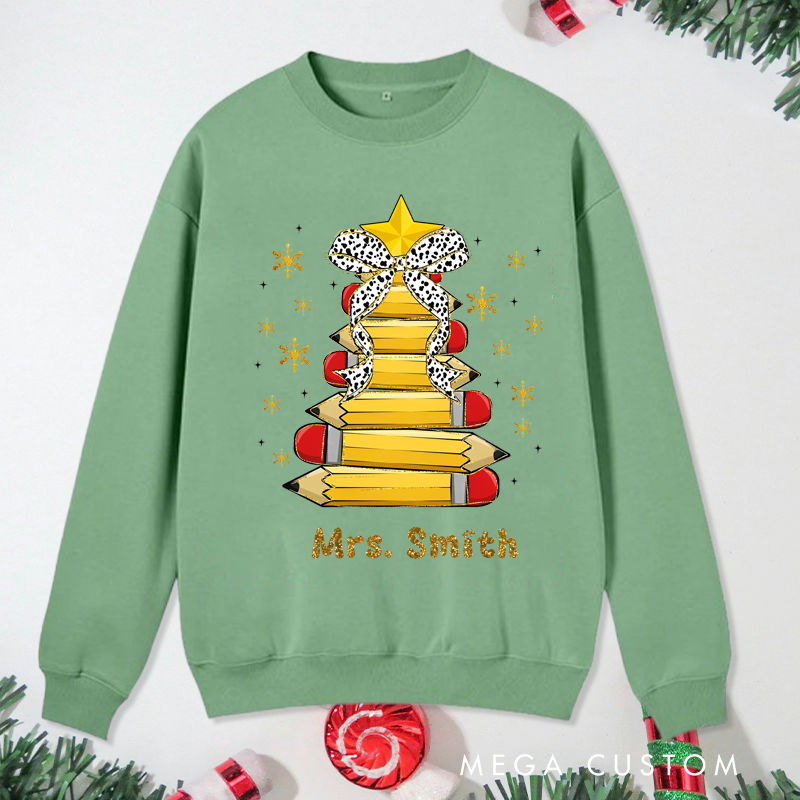 Personalized Teacher Christmas Sweatshirt Cute Star Bow Pencil Sweatshirt Perfect Christmas Gift for Teachers