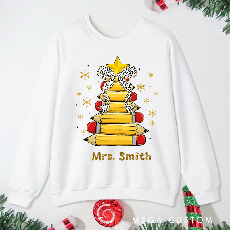 Personalized Teacher Christmas Sweatshirt Cute Star Bow Pencil Sweatshirt Perfect Christmas Gift for Teachers
