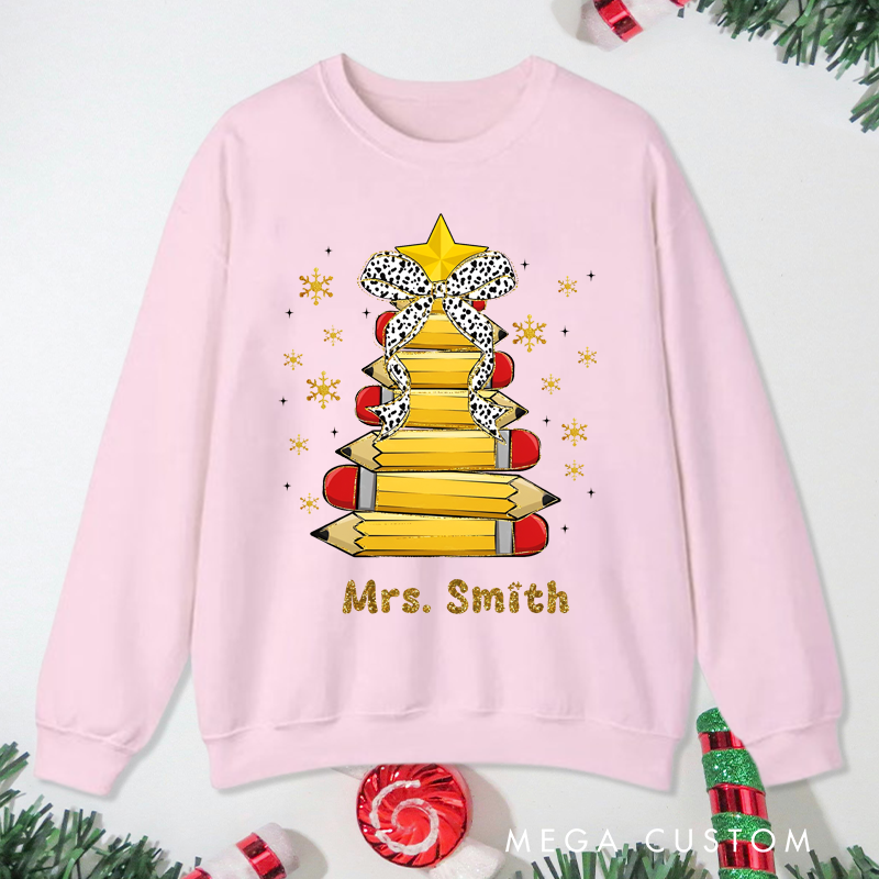 Personalized Teacher Christmas Sweatshirt Cute Star Bow Pencil Sweatshirt Perfect Christmas Gift for Teachers