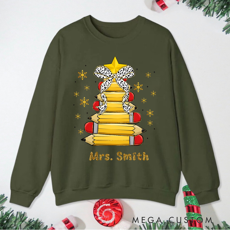 Personalized Teacher Christmas Sweatshirt Cute Star Bow Pencil Sweatshirt Perfect Christmas Gift for Teachers