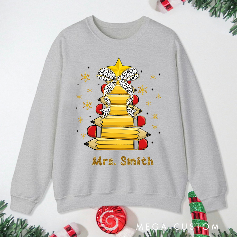 Personalized Teacher Christmas Sweatshirt Cute Star Bow Pencil Sweatshirt Perfect Christmas Gift for Teachers