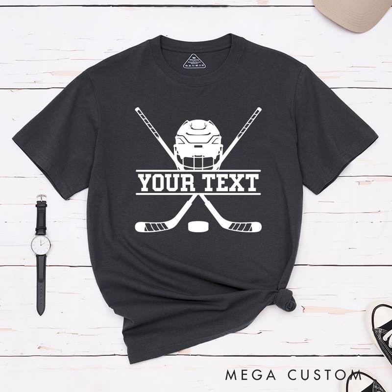 Personalized Hockey Helmet and Sticks T-Shirt with Custom Name 
