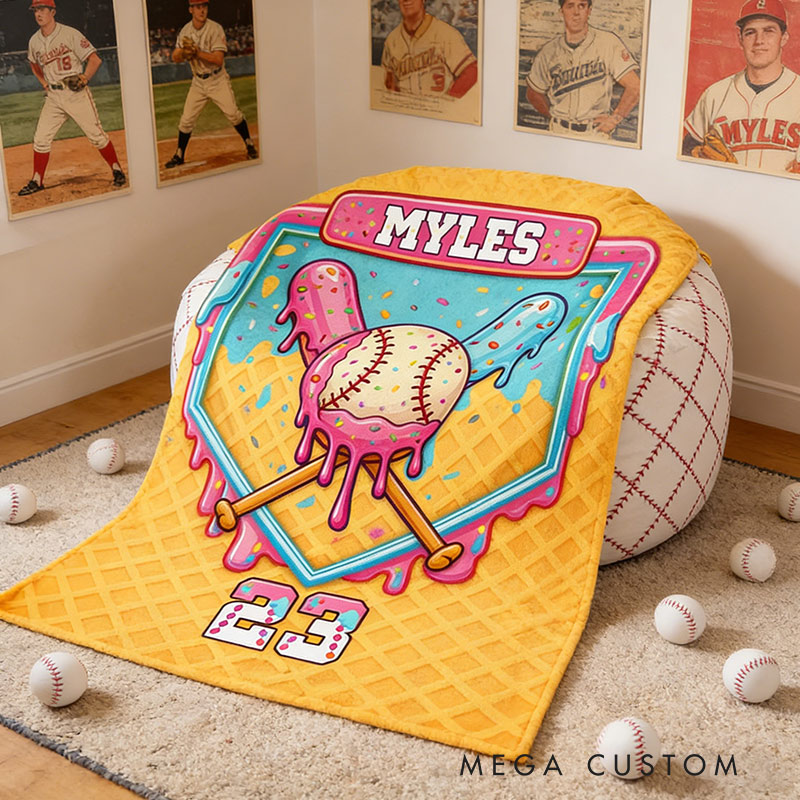 Personalized Baseball Blanket with Melting Ice Cream Baseball Custom Name and Number Baseball Lovers