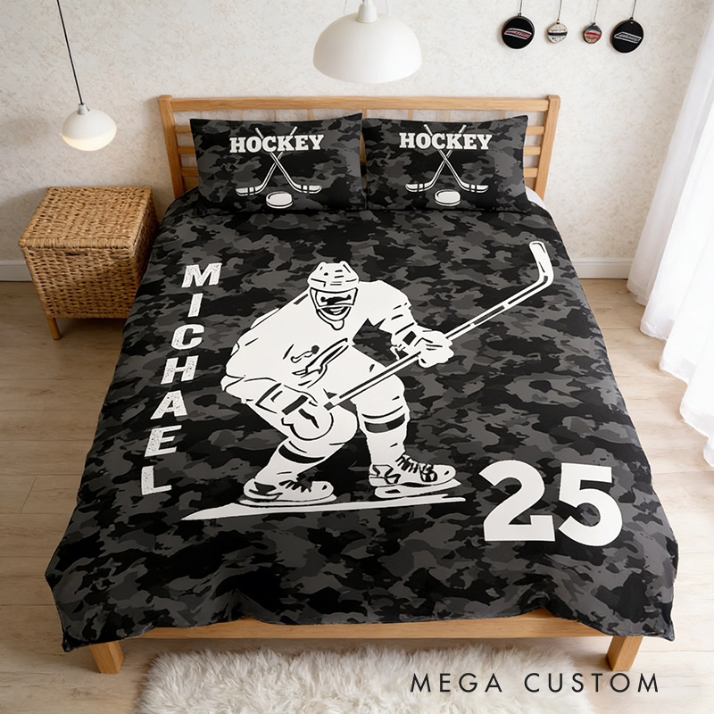 Personalized Hockey Player Bedding Set with Custom Name and Number Hockey Lovers Gift for Him