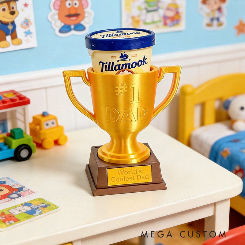 Personalized Champs Trophy Ice Cream Pint Holder Sports Golden Trophy with Custom Text and Number Gift for Dad