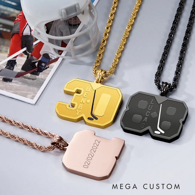 Personalized Ice Hockey Necklace with Engraved Name Number Match Day Birthday Gift for Ice Hockey Players Sport Lovers