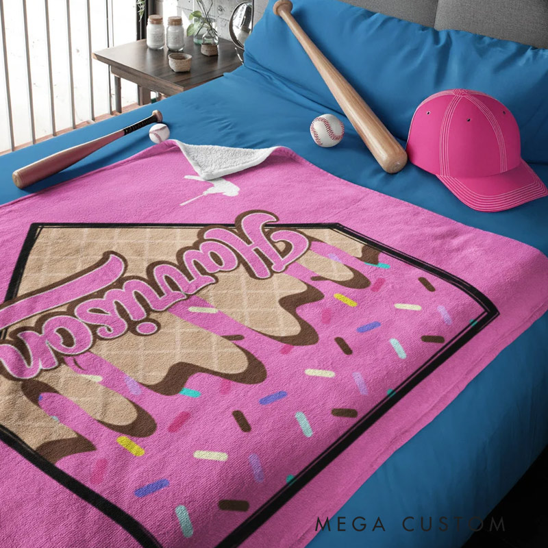 Personalized Baseball Ice Cream Dripping Soft Fleece Throw Blanket with Name and Number Home Decor Game Day Birthday Gift for Baseball Lovers