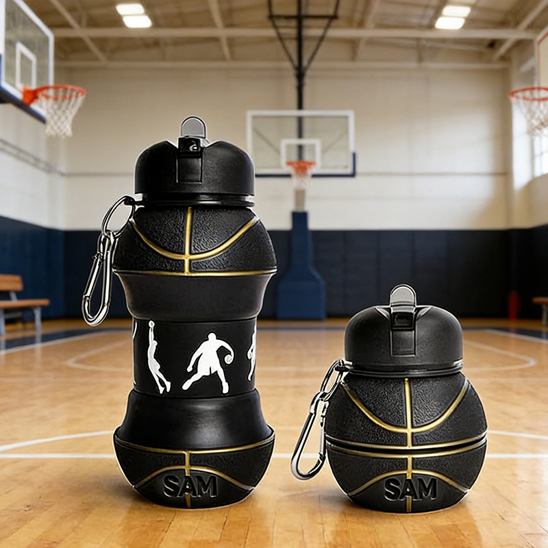 Personalized Foldable Basketball Water Cup Silicone Black Golden Basketball Sports Water Bottle Custom Name Gift for Basketball Lovers
