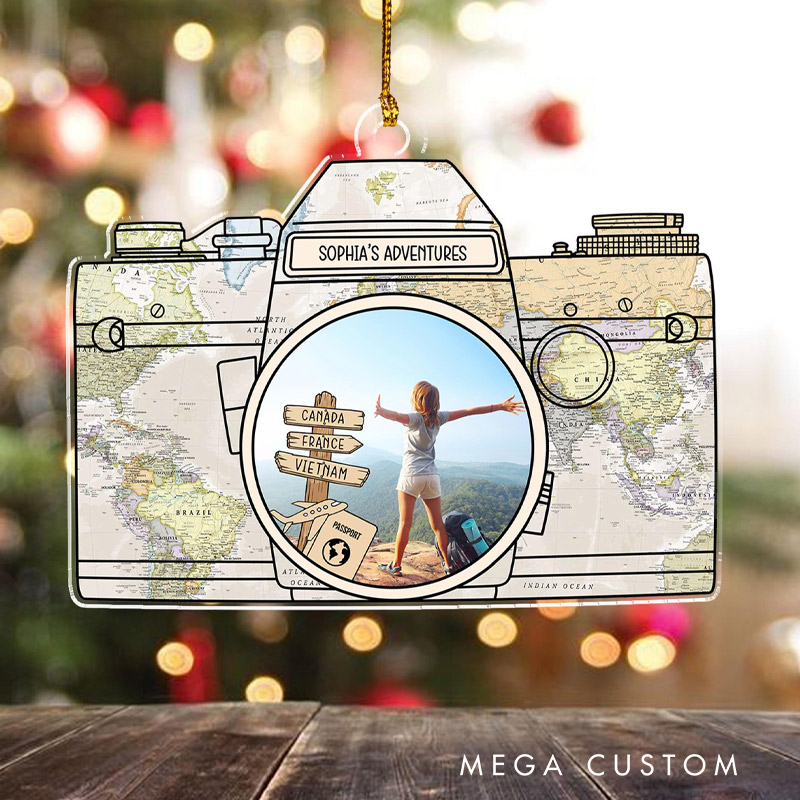 Personalized Travel Photo Camera Ornament Custom Name and Photo Gift for Travel Lovers