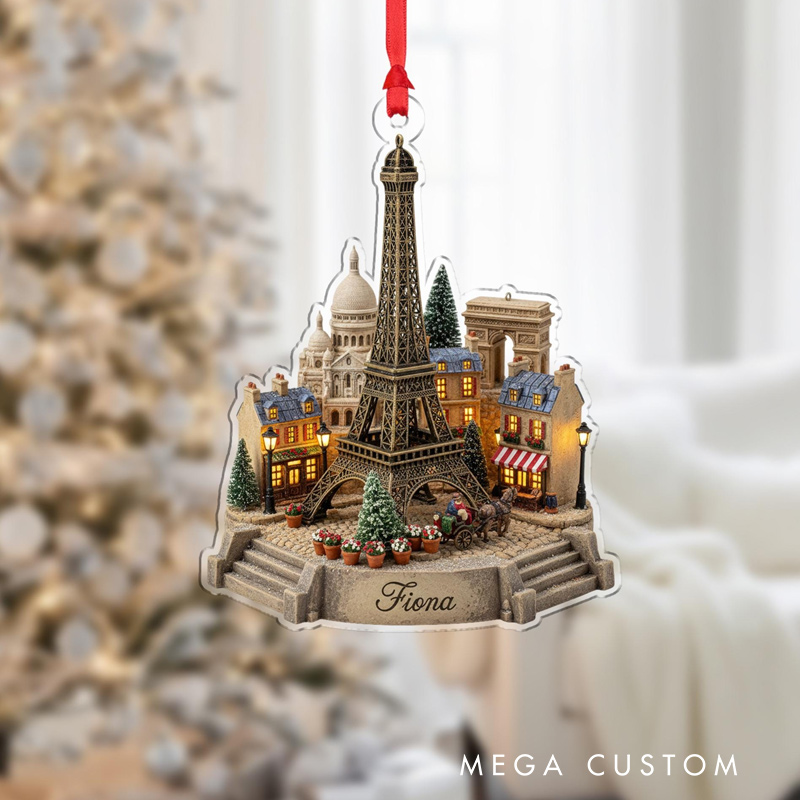 Personalised Paris Landmark Ornament Eiffel Tower Scene with Mini-Village Custom Name Gift for Travel Lovers