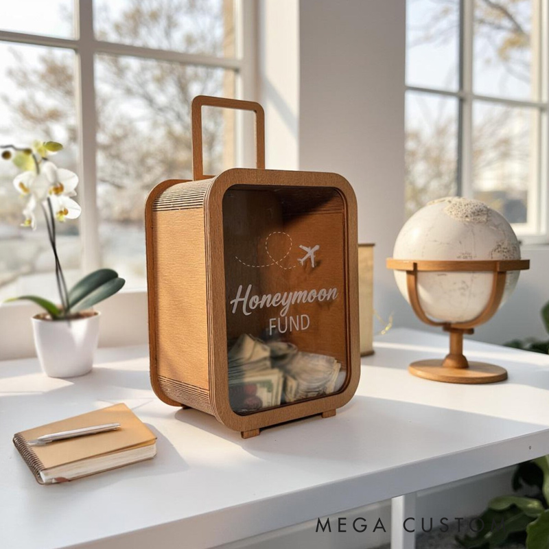 Personalized Honeymoon Fund Box Wooden Suitcase Money Bank Newlywed Travel Bridal Shower Gift