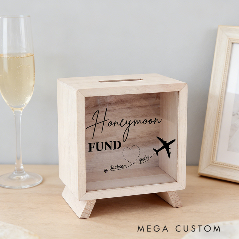 Personalized Wooden Piggy Bank Honeymoon Fund Travel Fund Gift for Travel Enthusiasts Custom Name