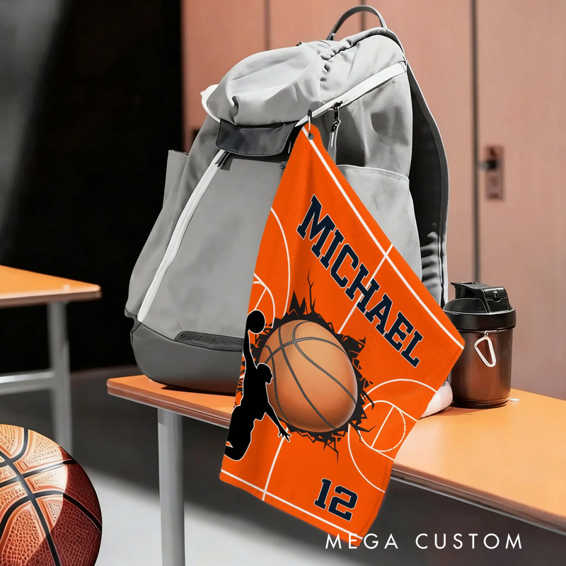 Personalized Character Silhouette Sports Towel with Name Number and Hanging Clip Game Day Gift for Sports Lovers