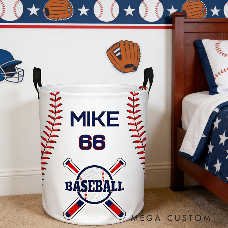 Personalized Baseball Laundry Basket Baseball Pattern Printed with Custom Name and Number