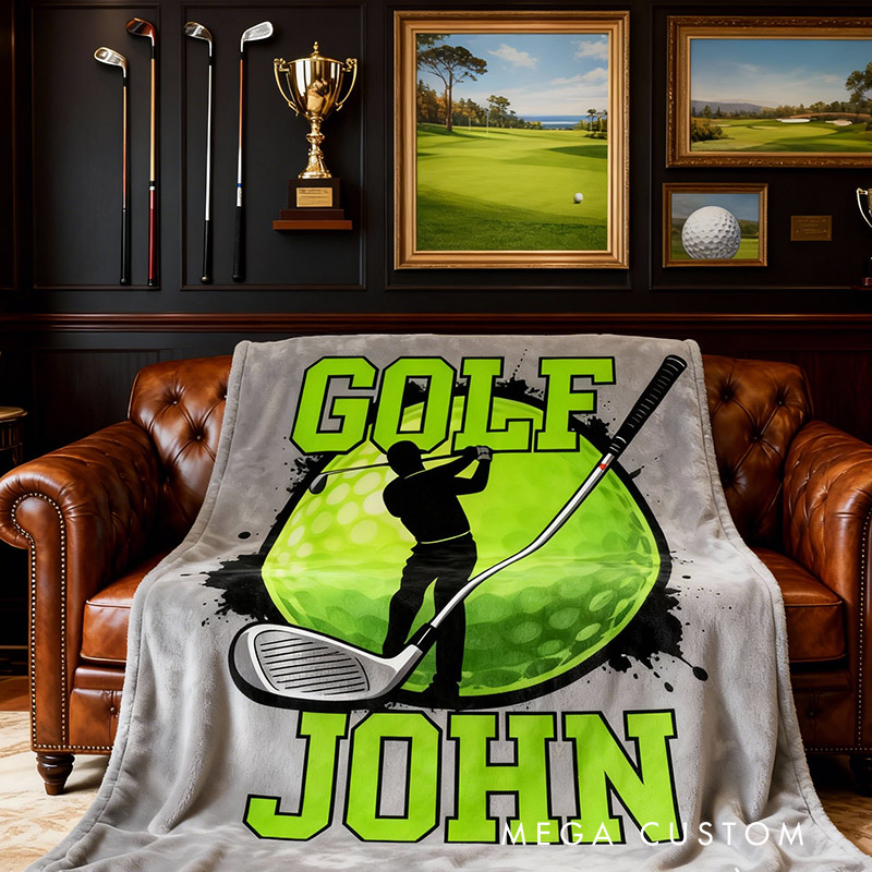 Personalized Golf Blanket with Golf Clubs and Ball Custom Name Gift for Him