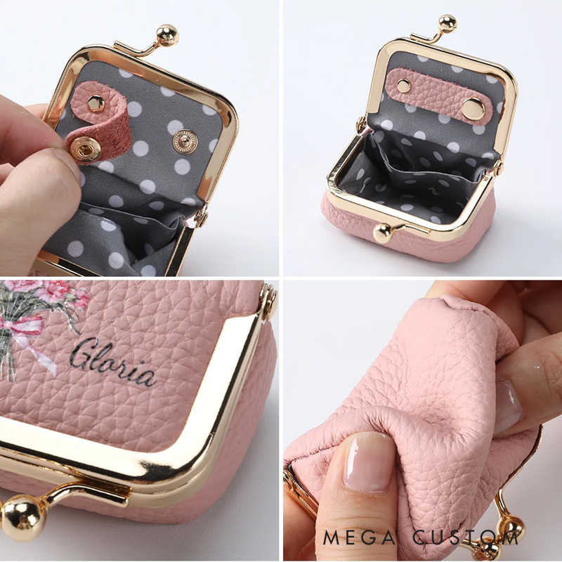 Personalized Birth Flower Bouquet Vintage Mini PU Leather Jewelry Box with Name and Kiss Lock Travel Essential Birthday Bridesmaid Gift for Women