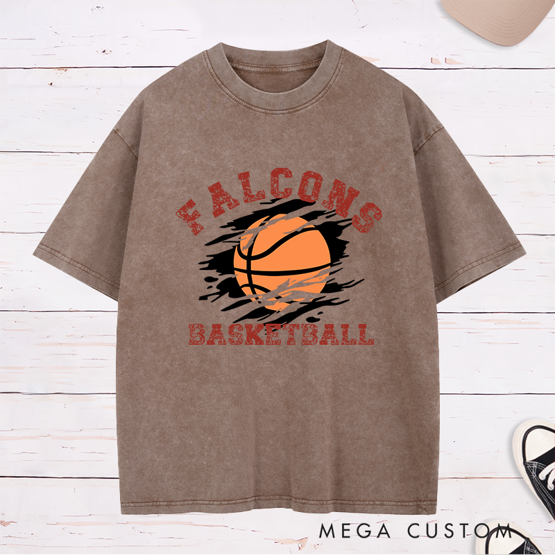 Personalized Washed T-Shirt Design Featuring Distressed Custom Team Name with Dynamic Basketball Graphic and Bold Vintage-Inspired Aesthetic