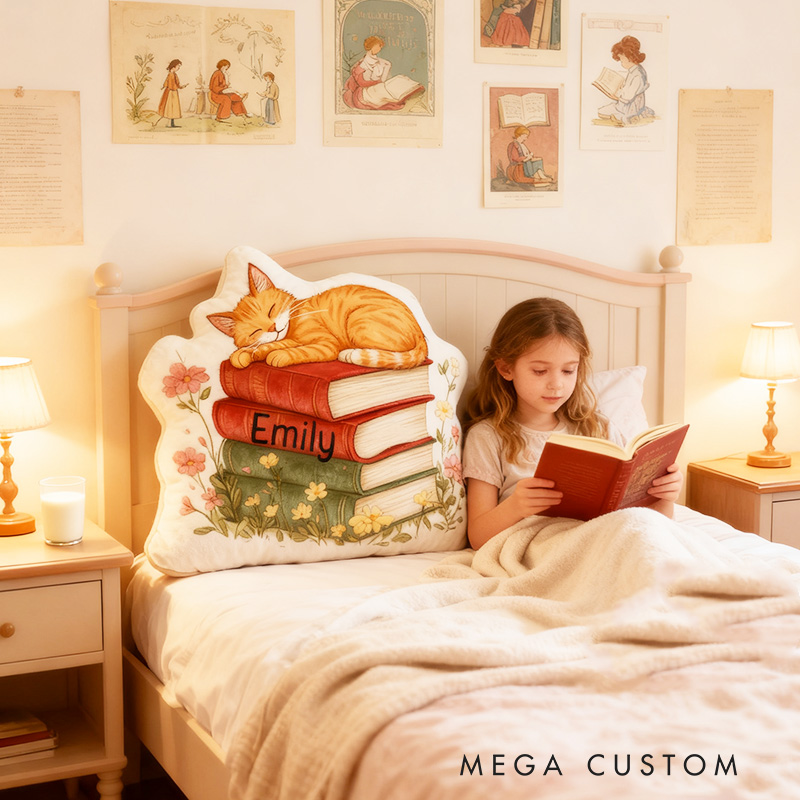 Personalized Cat Books Pillow Graphic 3D Print Floral Cat Books and Custom Name Gift for Reading Lovers