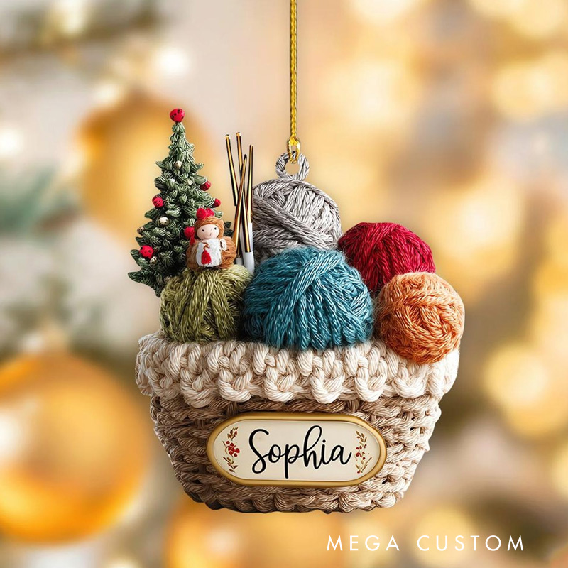 Personalized Knitting Basket Christmas Ornament 2D Flat Acrylic Yarn Decor for Knitters Crochet Lover Holiday Gift